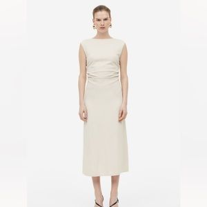 Ivory gathered knit midi sleeveless dress